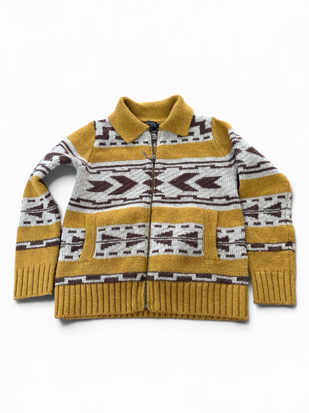 Pendleton Mustard Yellow, Cream & Brown Geometric Zip Cardigan - Picture 4 of 12